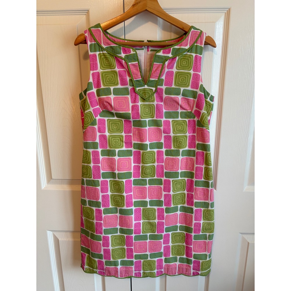 Talbots Petites Dress 10 Pink Green Geometric Mod Print Cotton Shift Sleeveless
